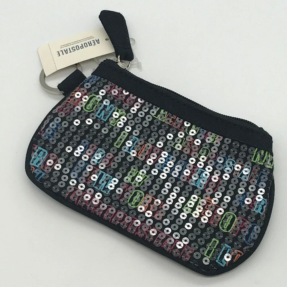 Aéropostale Makeup Bag Black Sequined I Love Aero Zippered Cosmetic Pouch NWT